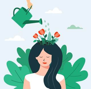 Psychologie, concept de santé mentale. Les fleurs et les plantes poussent à partir de la tête de femme. Main humaine les arrosant. Illustration vectorielle